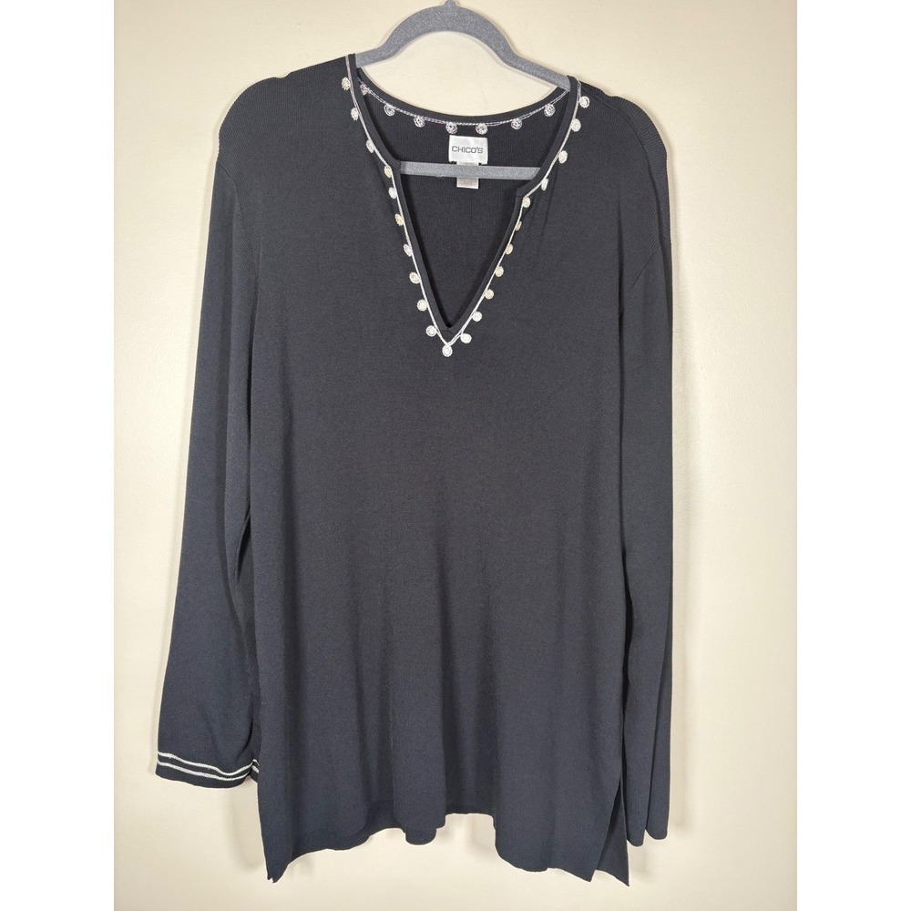 Chico's Black Embroidered Knit Tunic Top Split V-Neck Long Sleeve Size 3 XL Boho - Picture 3 of 11